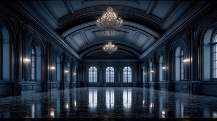 Obraz premium Elegant Grand Ballroom with Crystal Chandeliers and Arched Windows, Reflecting Opulence