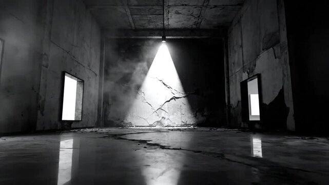 Spooky abandoned room with a single spotlight shining on cracked walls and smoke for a cinematic horror scene