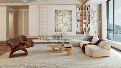 Naklejka premium 3D render, illustration Luxury modern living room interior, realistic lighting, wide angle, contemporary furniture, clean lines, minimalist decor, elegant home design, large window
