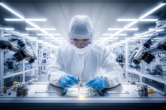 Scientist in cleanroom suit meticulously working on microchip assembly with robotic arms
