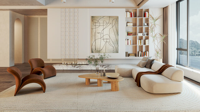 3D render, illustration Luxury modern living room interior,  realistic lighting, wide angle, contemporary furniture, clean lines, minimalist decor, elegant home design, large window