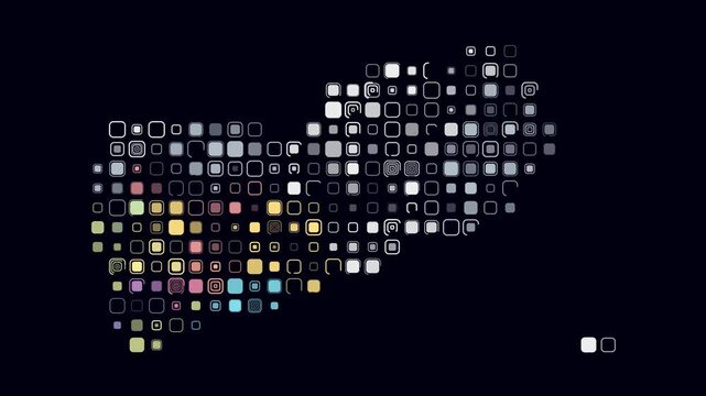 Yemen animated country shape. Pulsating colored dots on the map of the country. Large size rounded square blocks. Digital style Yemen map on dark background. Vibrant animation video.