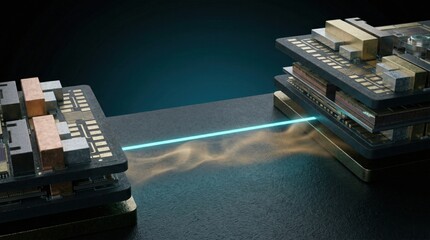 Fototapeta premium Two stacked semiconductor packages linked by glowing interconnect with thermal haze showcasing chiplet communication heat transfer and advanced packaging