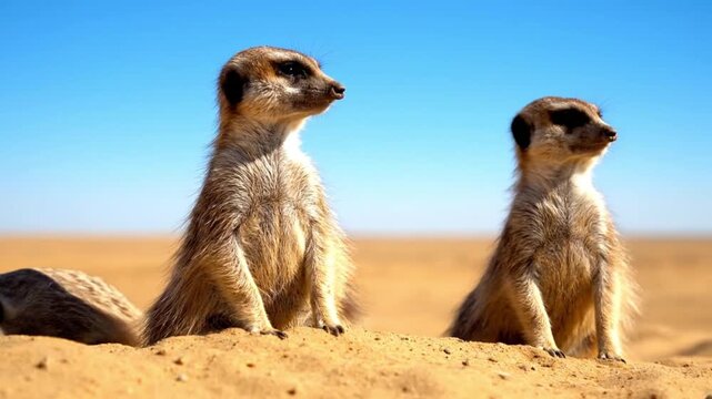 Curious Meerkats Standing Alert and Watching Surroundings on Sand Dunes in Arid Desert Landscape Under Clear Blue Sky