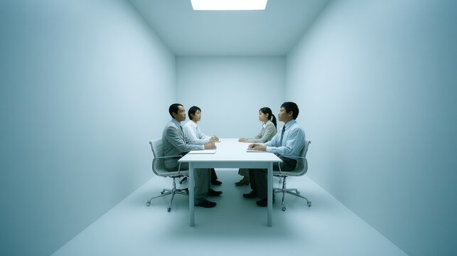 Diverse Business Professionals Collaborating Around a Modern Conference Table in a Bright, Minimalist Meeting Room