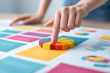Obraz premium Businesswoman analyzing colorful charts and graphs, pointing at a pie chart for financial data review