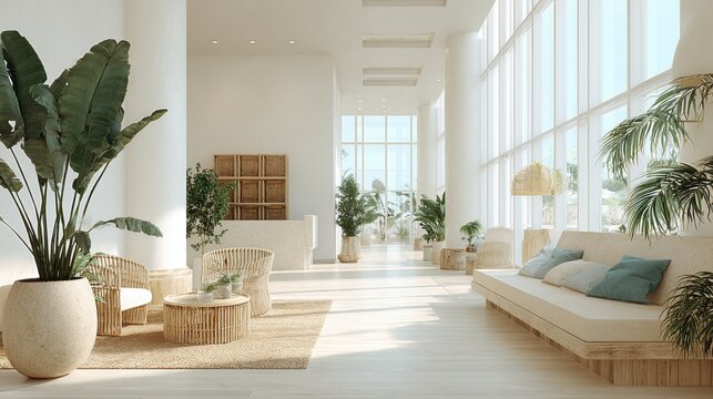Bright and airy modern hotel lobby with natural light, tropical plants, and minimalist decor
