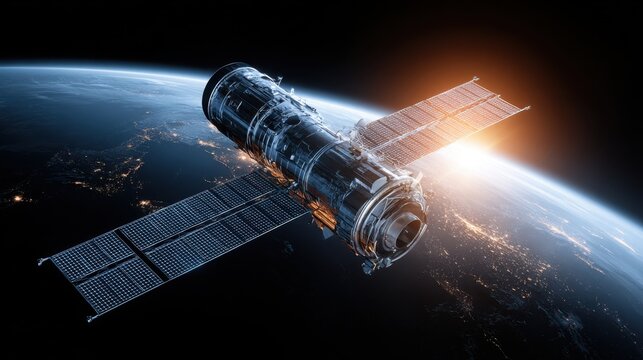 Advanced Space Telescope Orbiting Earth at Dawn, Capturing Cosmic Wonders and Scientific Discovery