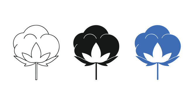Three stylized icons representing a cotton boll in outline, solid black, and blue colors on a white background