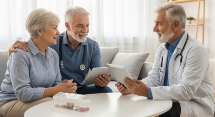 Obraz premium Senior couple discusses medical results with doctor using tablets for a health consultation
