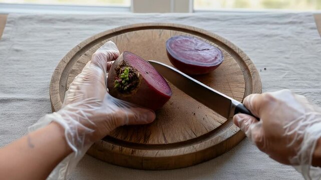Top view of hands wearing clear polythene gloves carefully cutting a fresh beetroot in half on a wooden chopping board.