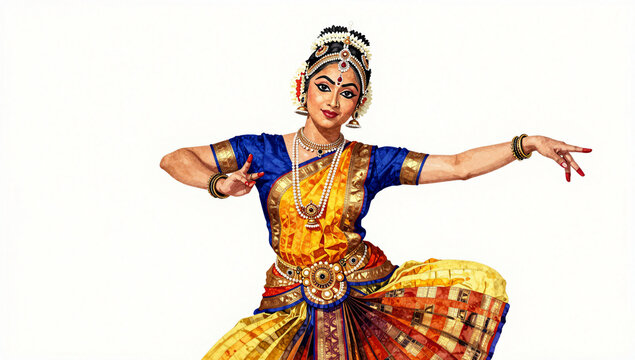 Water colour painting of a bharatanatyam dancer in white background | highly detailed digital painting | art & dance