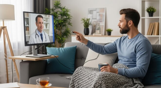 Man consulting with doctor remotely via video call on a laptop while comfortably seated at home on a couch.