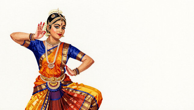 Water colour painting of a bharatanatyam dancer in white background | highly detailed digital painting | art & dance