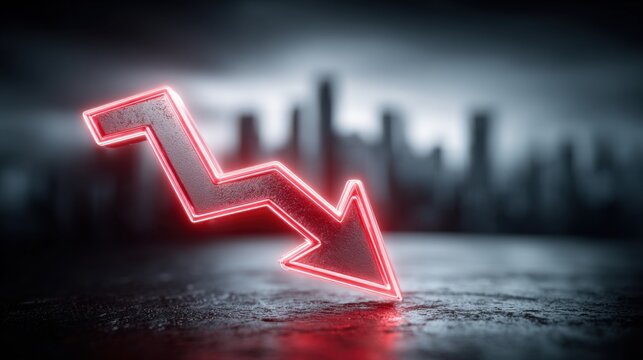 Glowing Red Downward Arrow Symbolizing Financial Crisis, Economic Downturn, and Market Crash in a Cityscape