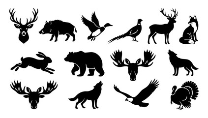 Obraz premium Hunting Animals Silhouette Set – Deer, Bear, Wolf, Boar, Game Birds and Wildlife Icons