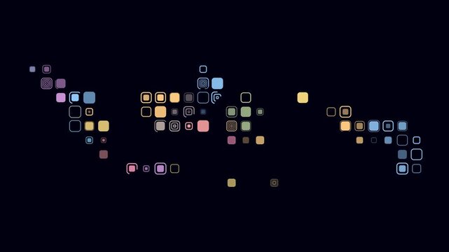 Indonesia map animation. Shape of the country with pulsating colored dots. Large size rounded square blocks. Digital style Indonesia map on dark background. Trending video.