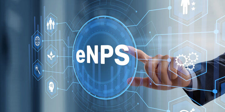 eNPS architecture with finger touching digital employee engagement interface and connected hr data network icons