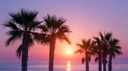 Obraz premium As day turns to night, the sun sets in a spectacular show of colors, casting a warm glow on palm trees along the shore. The ocean reflects the vibrant hues, creating a serene scene