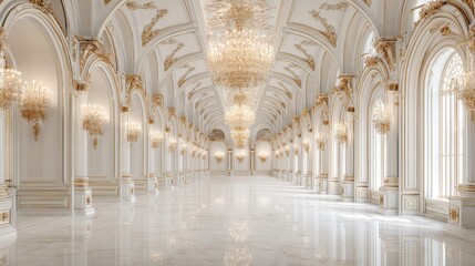 Fototapeta premium Luxurious White and Gold Ballroom with Ornate Chandeliers and Marble Floors