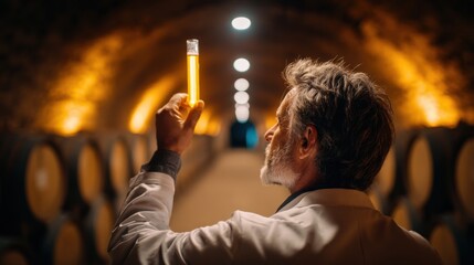 Naklejka premium Expert winemaker inspects amber liquid in test tube during cellar barrel aging process