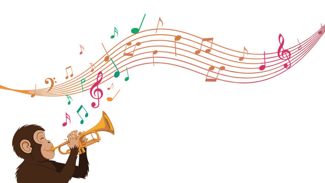 Enthusiastic monkey playing a gold trumpet with a stream of colorful musical notes coming out of the instrument.