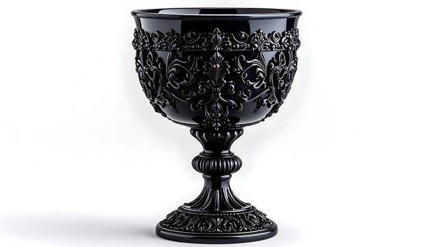 A detailed photograph showcases a black, ornate goblet. The cup boasts intricate carvings, including floral and scrolling patterns, set against a clean white backdrop