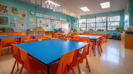 Fototapeta premium Bright and Colorful Elementary School Classroom with Tables and Chairs, Ready for Students