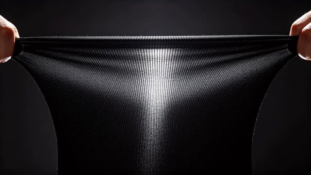 Hands stretching black elastic fabric showing texture