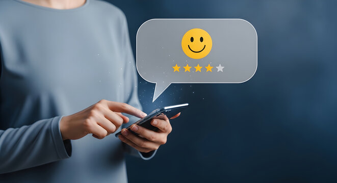 Person holding smartphone with positive feedback and smiling emoji displayed