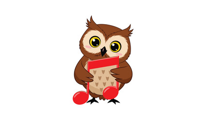 Fototapeta premium Cute brown owl with large eyes holding a large red musical note and smiling on a clean white background.