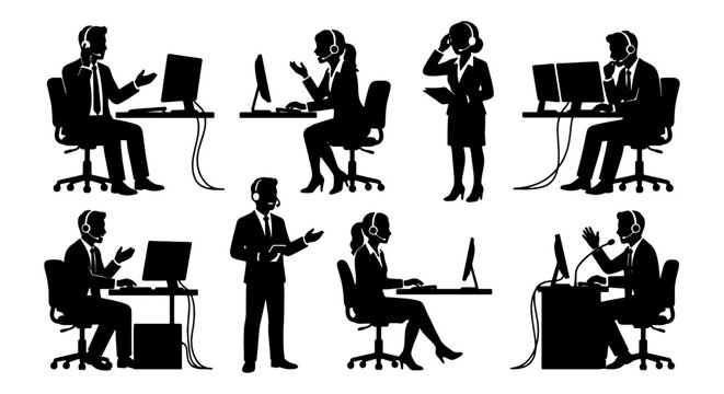 Call center silhouette set, customer service agents with headsets, office worker vector