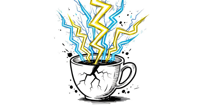 A cracked coffee cup with vibrant yellow and blue lightning bolts erupting from it