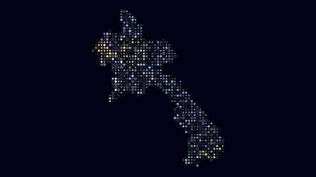 Laos map animation. Shape of the country with pulsating colored dots. Small size circle blocks. Digital style Laos map on dark background. Awesome video.
