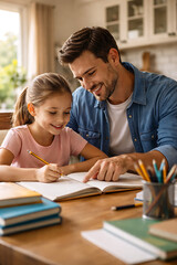 Obraz premium Smiling father guides his bright daughter through her homework, fostering a love for learning in a cheerful home environment, emphasizing family education