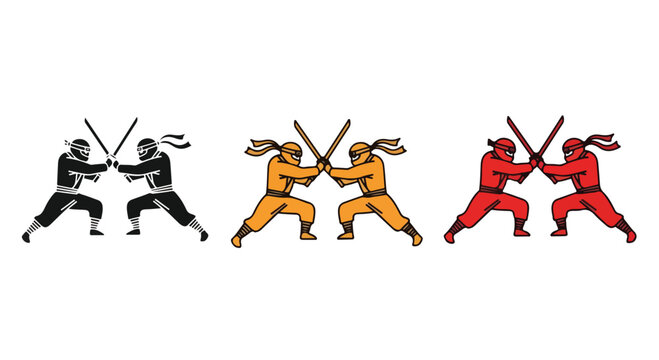 Three pairs of stylized ninjas in black, orange, and red outfits clashing swords in a dynamic combat pose