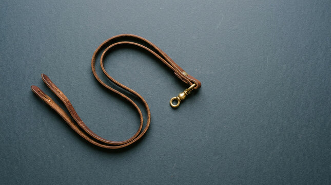 Leather falconry jesses with brass swivel on dark slate surface overhead hunting equipment tradition.