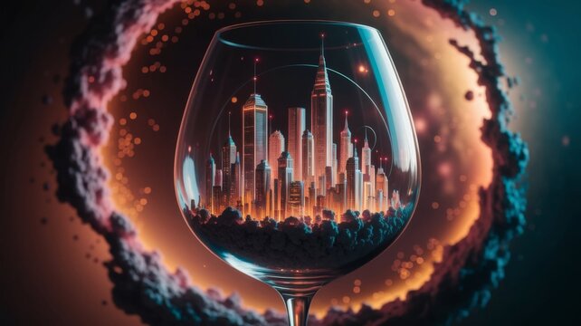 Futuristic city inside glass sphere with neon lights reflection