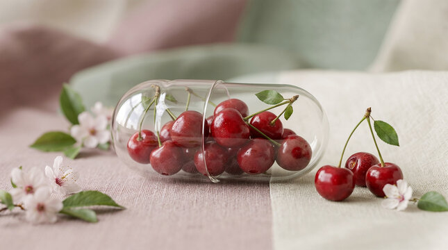 Natural supplement capsules with melatonin, quercetin and fresh cherries for sleep support