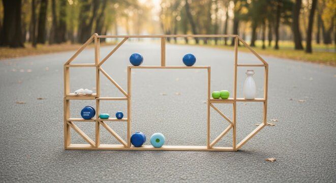 Outdoor bocce balls set on wooden frame display, showcasing a leisure game in a park setting with blurred trees and pathway