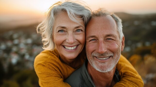 Gl&uuml;ckliches &auml;lteres Paar in der Natur bei Sonnenuntergang Liebe und Lebensfreude im Alter