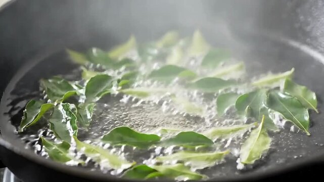 cooking curry leaves in oil, sizzling green leaves in pan