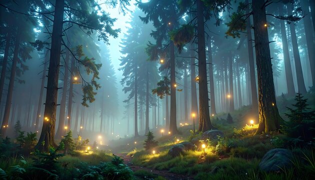 A mystical forest bathed in an ethereal glow, with tall trees, soft light, and a path leading into the mist