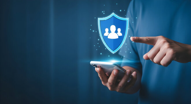Digital security concept hand interacting with a shield icon
