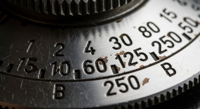 Shutter Speed Dial on a Vintage Metal Camera Showing Mechanical Numbers