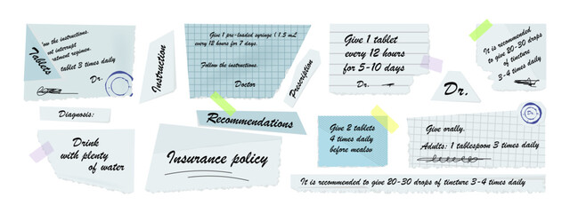 Fototapeta premium Set of doctor prescription notes, medical instructions on torn paper pieces. Handwritten treatment recommendations, dosage notes for patient. Healthcare concept with sticky notes, stamps, signatures.