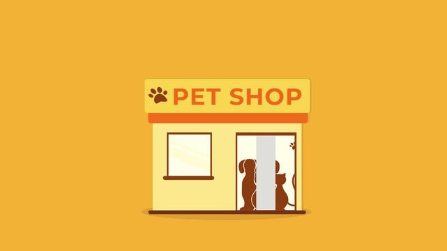 Cute pet store facade with paw icon and glass doors. Animal shop exterior