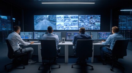 Naklejka premium Four professionals monitor multiple screens showing surveillance footage in a dark, high-tech control room