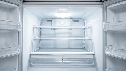 Fototapeta premium Empty, Clean Refrigerator Interior with Illuminated Shelves and Door Compartments