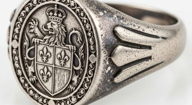 Signet Ring Featuring an Ornate Heraldic Lion Crest in Polished Silver Metal